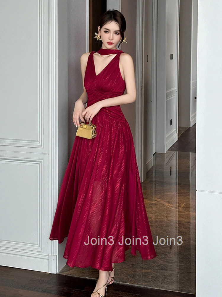 New Summer Chiffon Bright Silk Red Gown Evening Dress Women Clothes Elegant Sexy Tank V-Neck A-Line Maxi Robe Party Prom Vestido