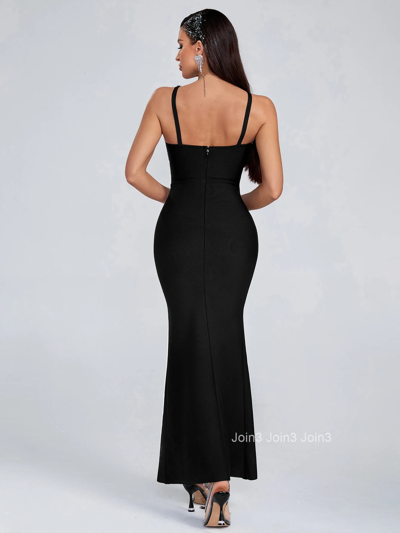 Chic Black Bandage Dress For Women Sexy Gauze Splicing Deep V-neck Backless Diamonds Gown Celebrity Vestidos Evening Party Wear