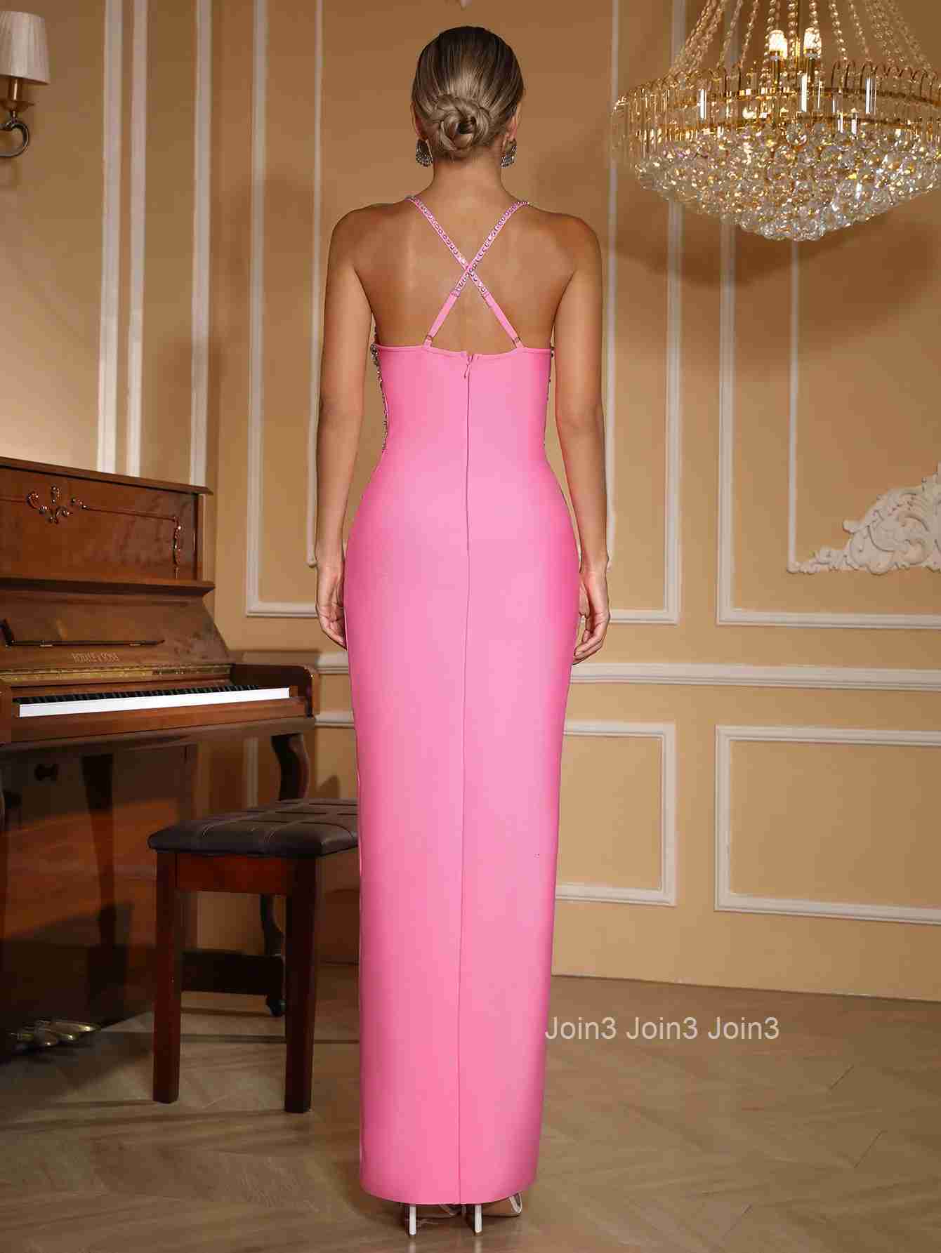 Womens Hot Pink and Black Duo Tone Sequin Bandage Dress Strapless Thigh-High Slit Crystal Evening Glam Formal Gown