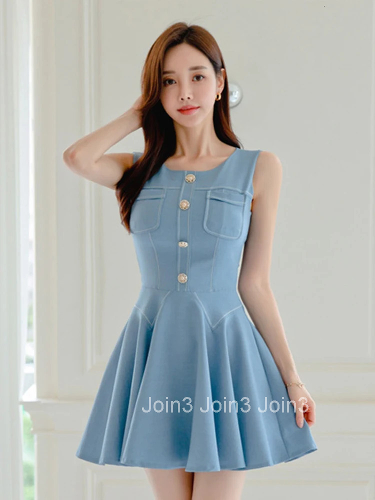Korean Fashion Summer Simple Sweet O-Neck Short A-Line Dress Women Mujer Casual Vintage Sleeveless Slim Vestidos Street Clothes