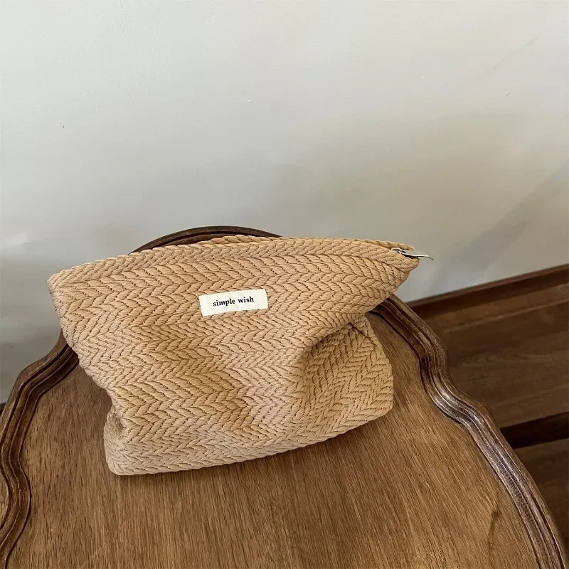 1 Piece Beige Coffee Spike of Rice Style Makeup Bag for Women Elegant Solid Color Woven Fabric Clutches Bag Large Capacity Bag 250617
