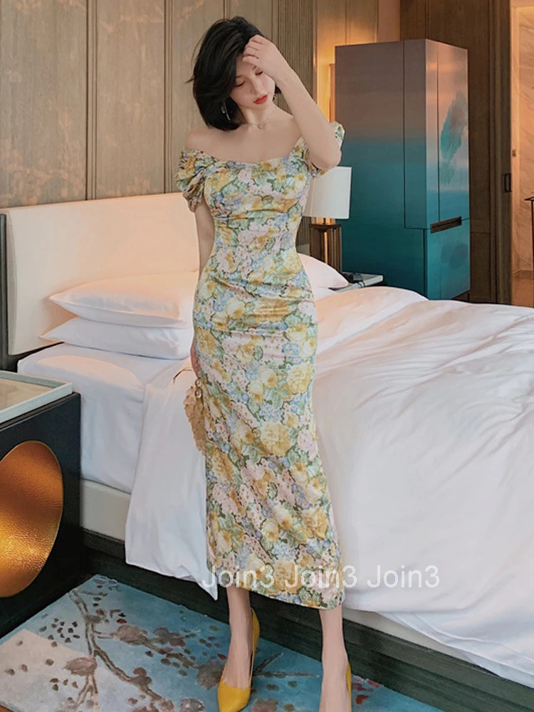 New Arrival Fashion Retro Dress Women Elegant Summer Puff Sleeve Beach Dress Temperament Lady Print Party Pencil Long Dress