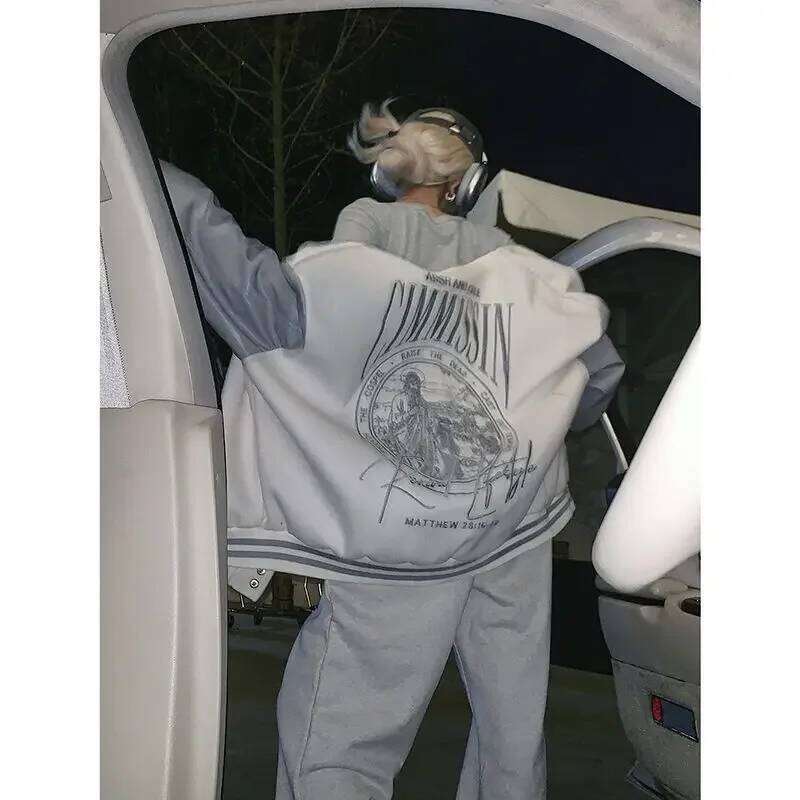 Vintage Embroidery Outerwear Ing Bomber Jackets Traf Varsity Jacket Baseball Uniform Color Contrast Couple Coat For Women