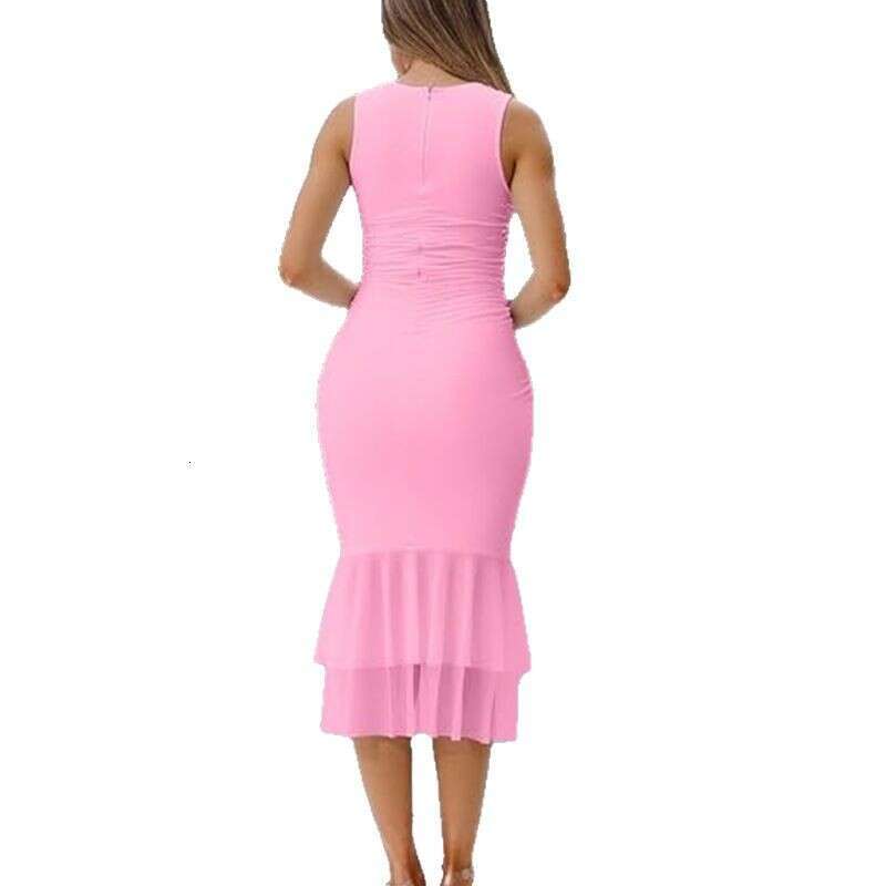 New Double Layer Mesh Patchwork Square Neck Sleeveless Tight Pleated Mermaid Dress B5