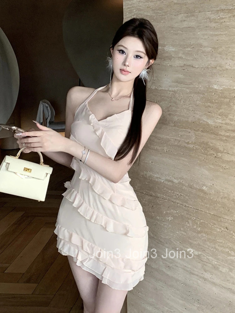 Women Vacation Clothes Sweet Ruffle Sexy Strap Backless Slim Mini Short Dress Ladies Fashion Evening Party Prom Vestidos Summer