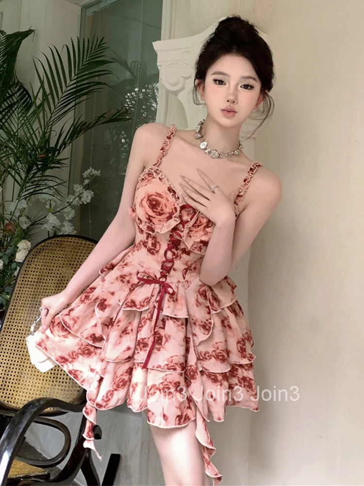 Women Clothes Sweet Floral Sexy Strap Backless Slim Ruffle Mini Short A-Line Dress Fashion Party Prom Vestidos Beach Summer New