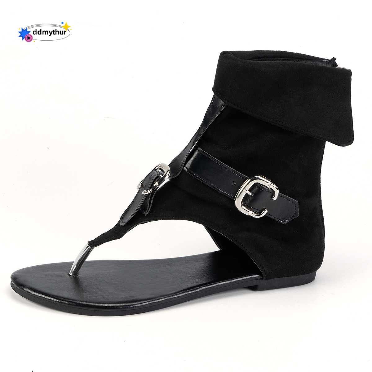 Toe Post Flat Roman 2024 Summer New Denim Fabric Belt Buckle Large Size High Top Sandals for Women ddmythur