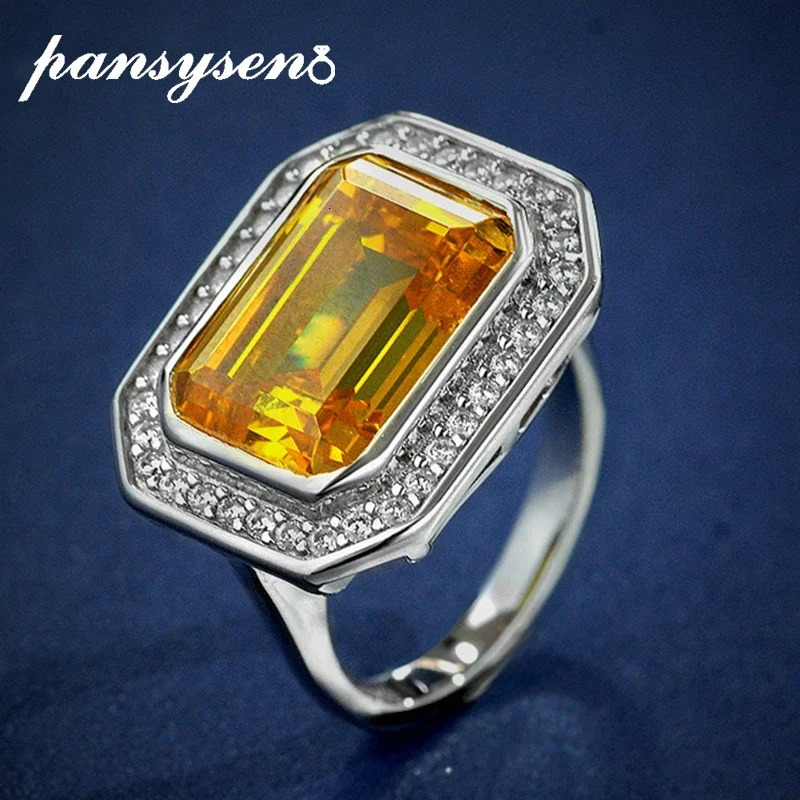 PANSYSEN 925 Sterling Silver 10*14MM Emerald Cut Citrine High Carbon Diamond Gemstone Ring For Women Party Fine Jewelry 250617
