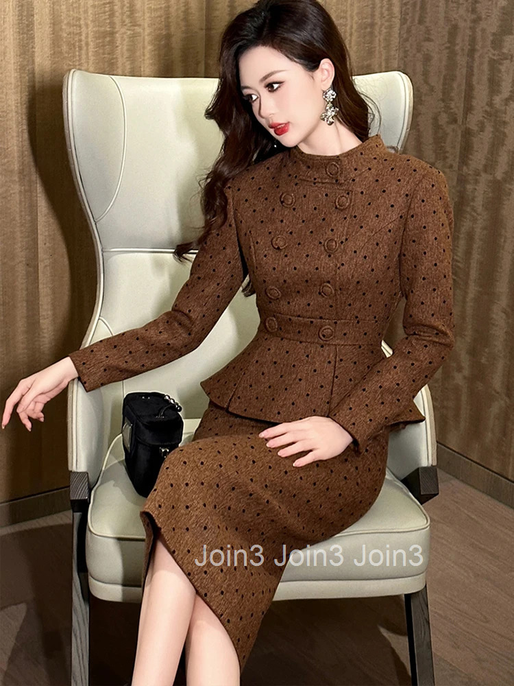 Women Clothes Retro Tweed Formal Occasion Fake 2-Piece Dot Double Breasted Ruffle Slim Midi Pencil Dress Elegant Vestidos Casual