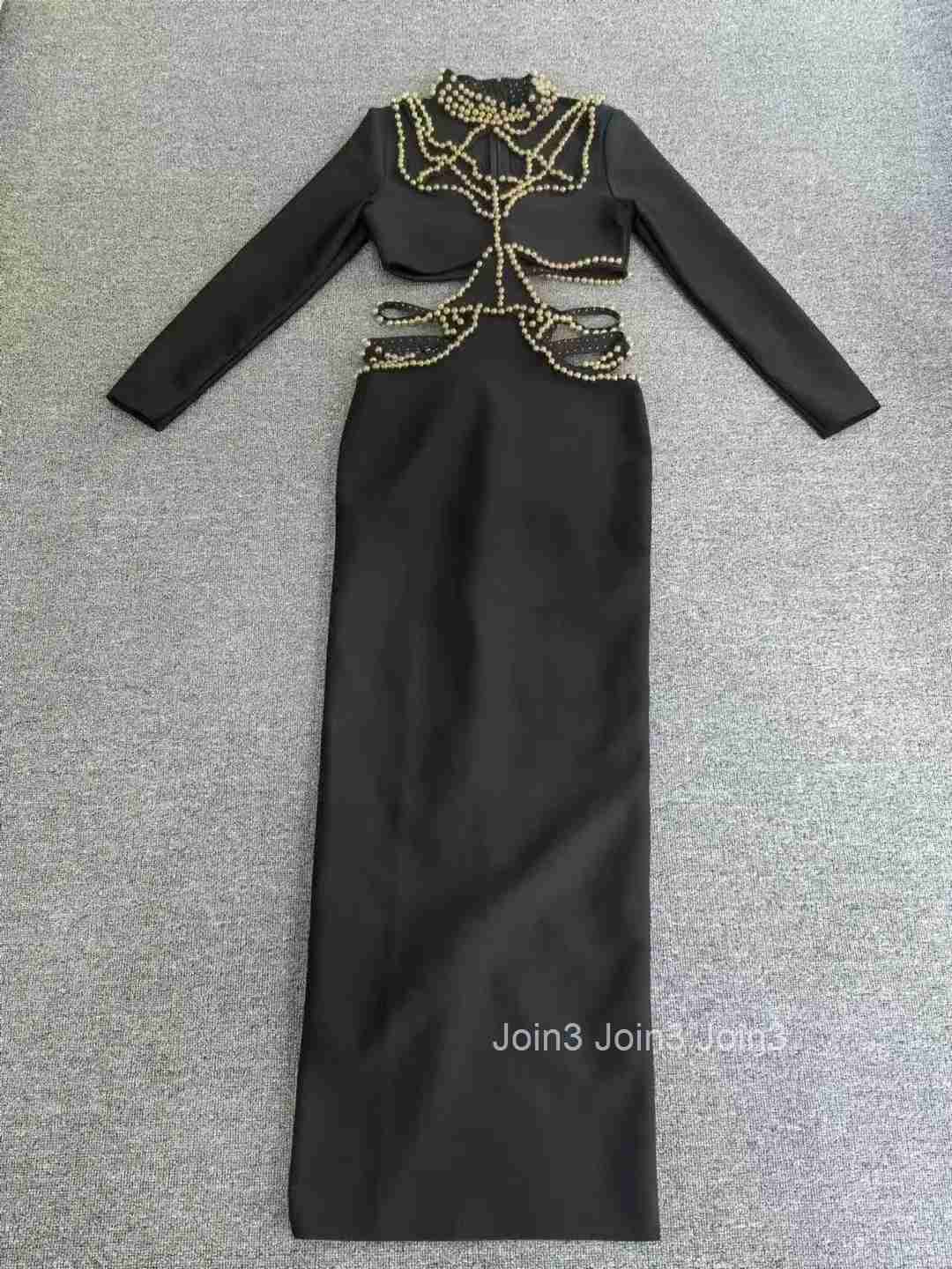 Women Evening Party Gown Black Long Sleeves Bandage Gown Sexy Hollow Waistless Fashion Embroidered Flare Half-high Neck Dress