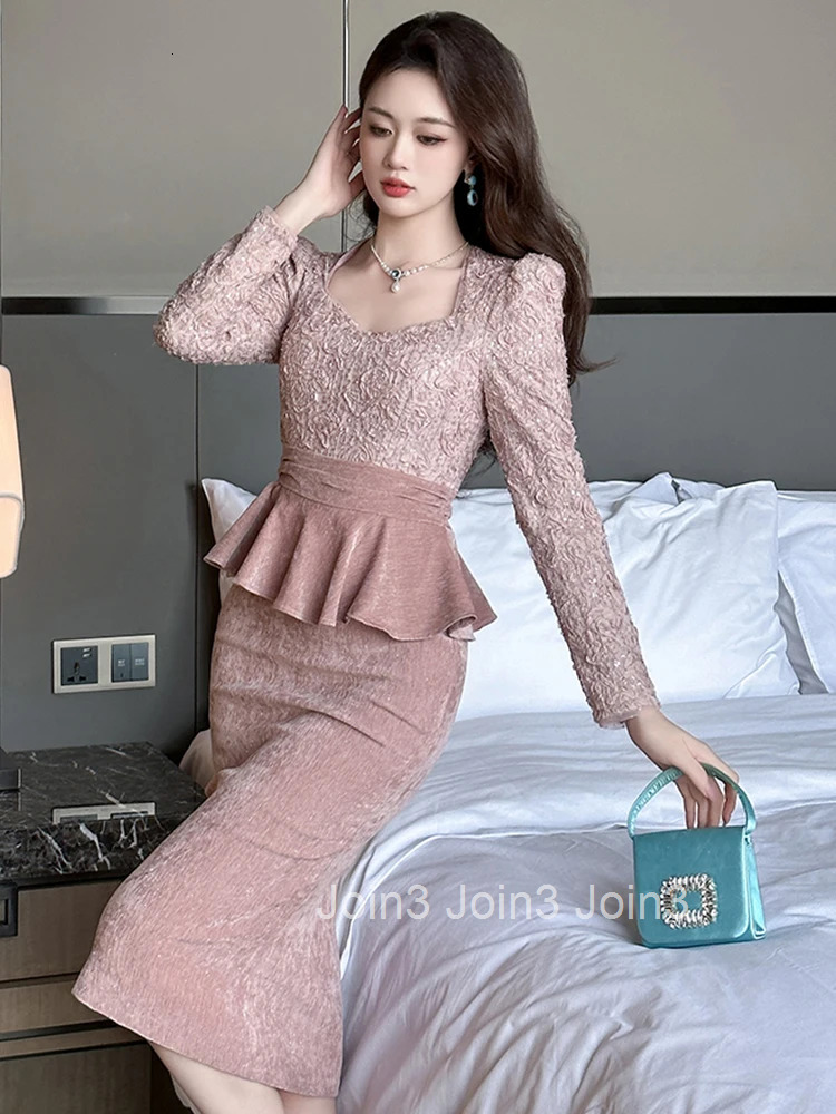 Women Clothes Sweet Floral Fake 2-Piece Square Neck Slim Midi Pencil Dress Elegant Vestidos Formal Occasion Autumn Winter Casual