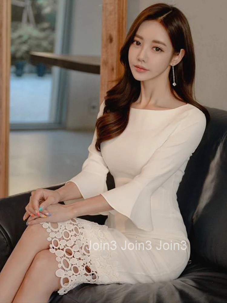 Korean Fashion Summer Elegant Women Evening Dress Formal Chic White O-Neck Slim Midi Pencil Party Prom Robe Femme Mujer Vestidos