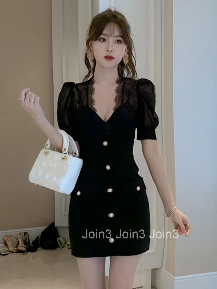 New Arrival Fashion Korean Bodycon Party Dress Women Elegant Summer Sexy Perspective Lace Temperament OL Black Pencil Dress