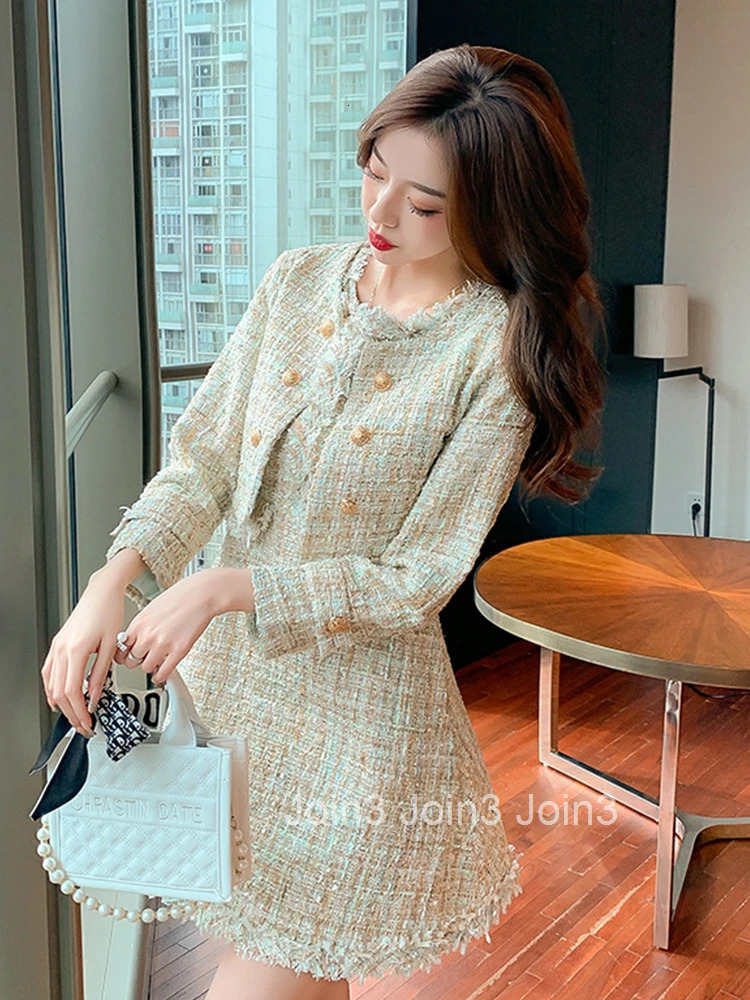 New Tweed 2 Pieces Outfits Women Ladies Vintage Short Coat Jacket Outwear And Sleeveless Slim Mini A-line Short Dress Mujer Set