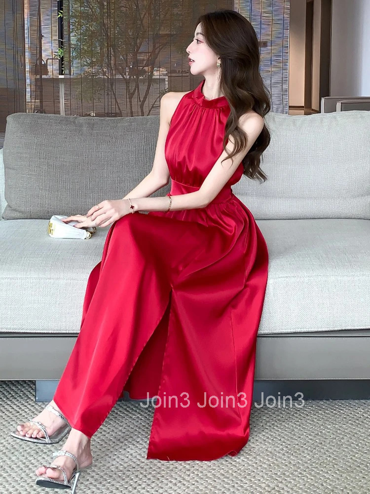 Summer Fashion Elegant Satin Solid Evening Dress Women Clothes Casual Sexy Sleeveless Slim Long A-Line Robe Party Prom Vestidos