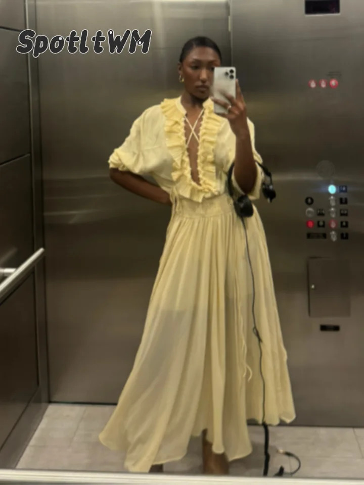 Women Butter Yellow Ruffles Skirts Sets Fashion V Neck Long Sleeve Lace Up Top Loose Long Dress 2025 Summer Holiday 2 Pcs Sets250616
