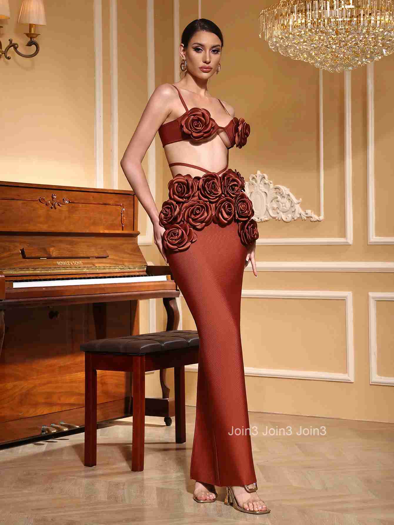 Womens Coffee Color Bandage Dress 3D Rose Crisscross Backless Mermaid Evening Gown High Slit Formal Party Dress