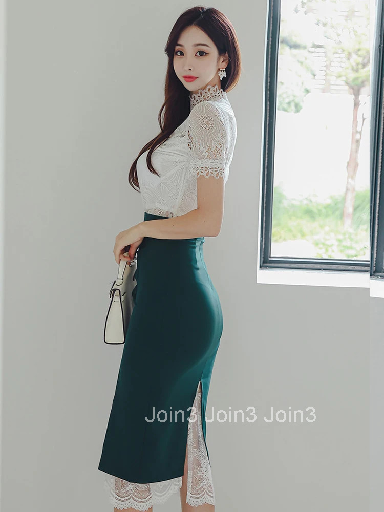 Summer Women Clothes Fashion Elegant 2 Pieces Outfit Sheer Sexy Lace White Tops Shirt Blouse And High Waist Midi Skirt Mujer Set