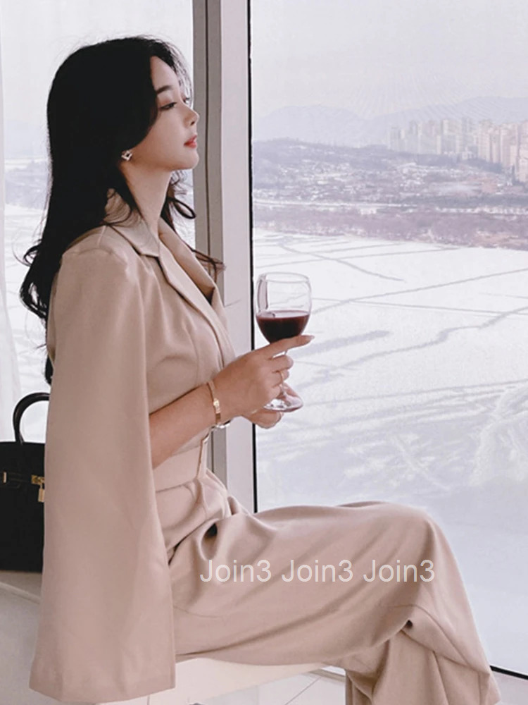 Fashion Wide Leg Loose Jumpsuit Women Elegant Lady Retro Temperament Open Sleeve Belt High Waist Chic Formal One Piece Rompers