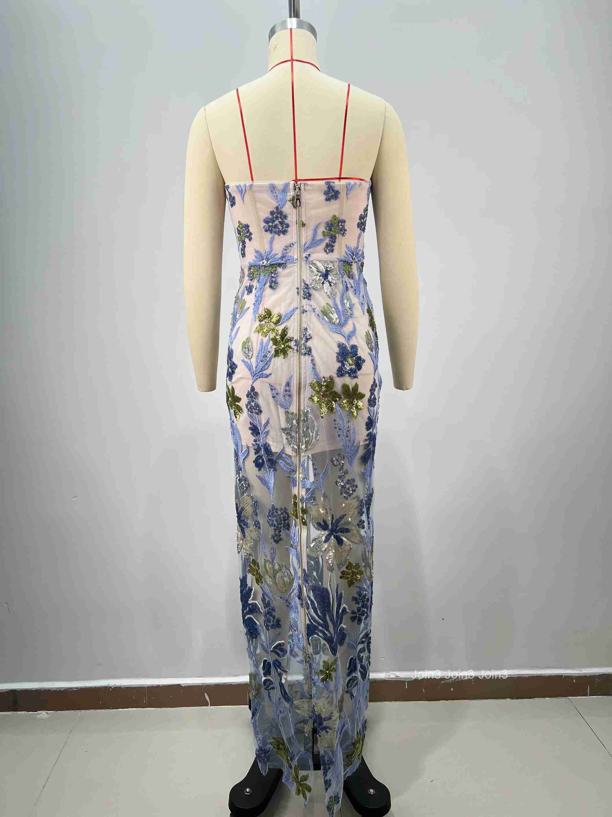 Womens Light Blue Bandage Dress Floral Embroidered Sheer Tulle Evening Gown Strapless Blue Green Sequins Formal Party Wear