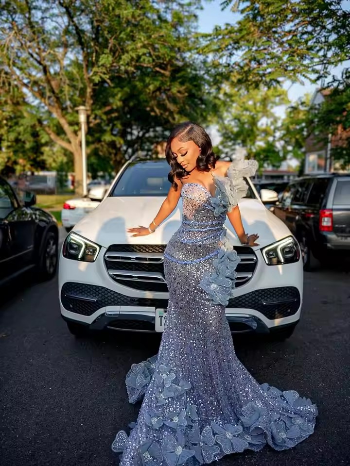 Luxurious Beading Mermaid Prom Dresses African Hand Flowerswith 3D Floral Glitter Crystals Formal Evening Occasion Gowns