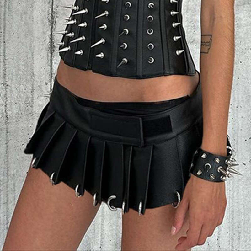 Street Punk Style Velcro One-Piece Leather Personality Heavy Metal Ring Buckle Sexy Mini Skirt B5
