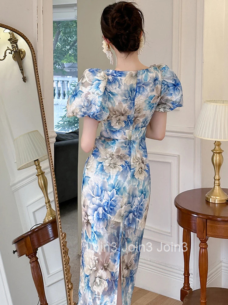 New Summer Elegant Women Evening Dress Retro Blue Floral Puff Sleeve Slim Midi Party Beach Prom Mujer Robe Femme Vestidos Fiesta