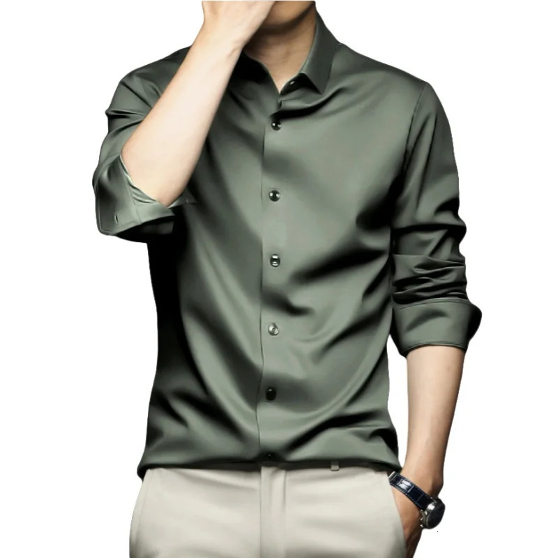 Spring Autumn Mens Long Sleeve Professional Dress Shirt Solid Color Fashion Business Casual Ice Silk Slim Fit Workwear Shirts 250618
