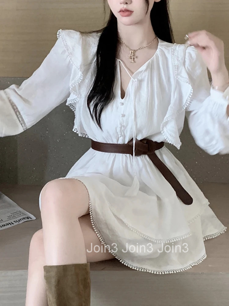 New Autumn Fashion Sweet White Ruffle V-Neck Short Dress Women Lady Casual Puff Sleeve Slim Belt A-Line Vestidos Street Clothes