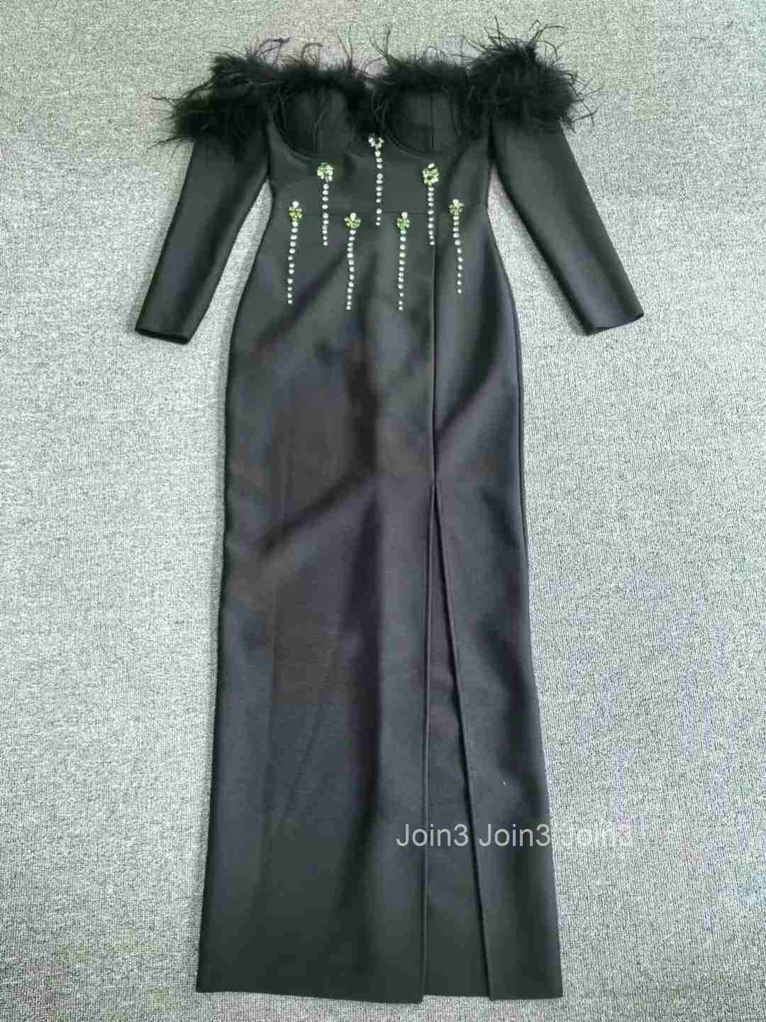New Arrival Black Bandage Dress For Women Fashion Slash Neck Feather Long Sleeve High Stretch Diamonds Embelling Slit Party Gown