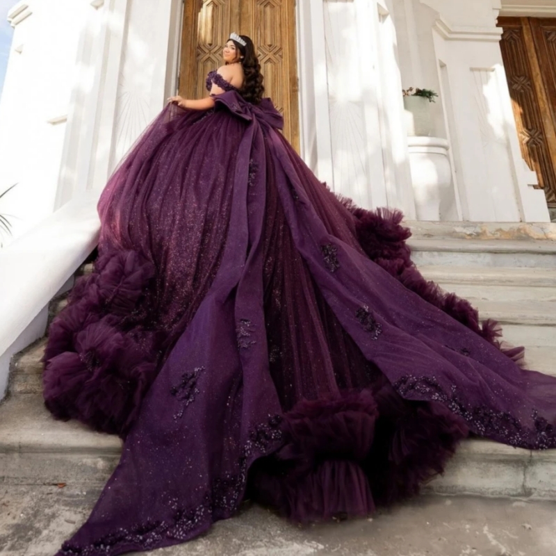 Purple Shiny Ball Gown Quinceanera Dresses Lace Applique Beading Ruffles Tiered Tull Bow Sweet 16 Dress Vestidos De 15 Anos