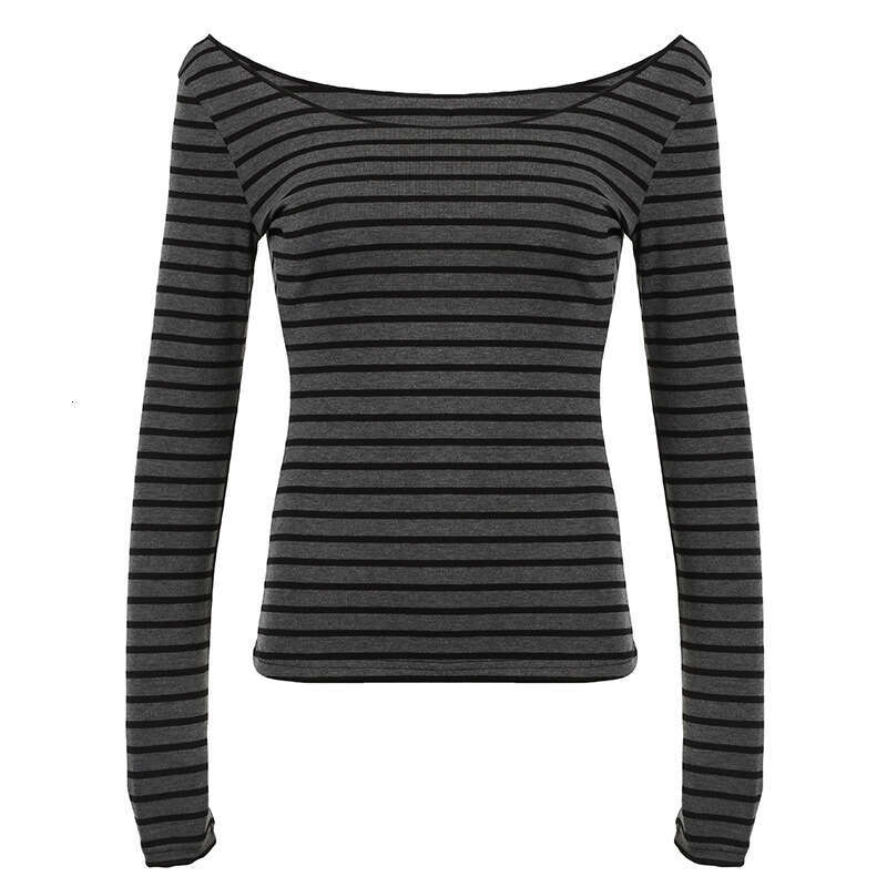 Casual Off-Shoulder Long Sleeve Striped T-Shirt For Women Spring Autumn Y2k Street Style Slim Fit Personality Base Shirt B5