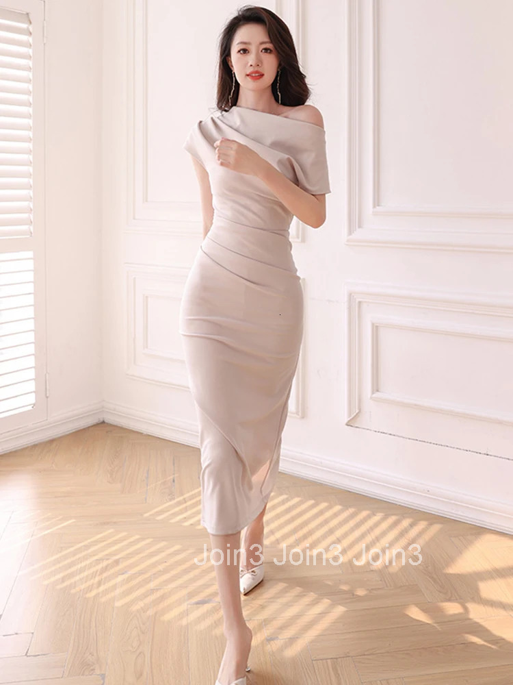 New Summer Elegant Women Evening Dress Chic Solid Sexy Diagonal Collar Folds Slim Midi Party Club Prom Robe Femme Mujer Vestidos