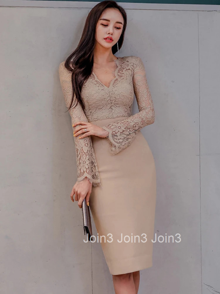 Korean Fashion Ladies Work Style Pencil Dresses Women Clothing Elegant Office Commute Lace Sexy V-Neck Slim Dress Mujer Vestidos