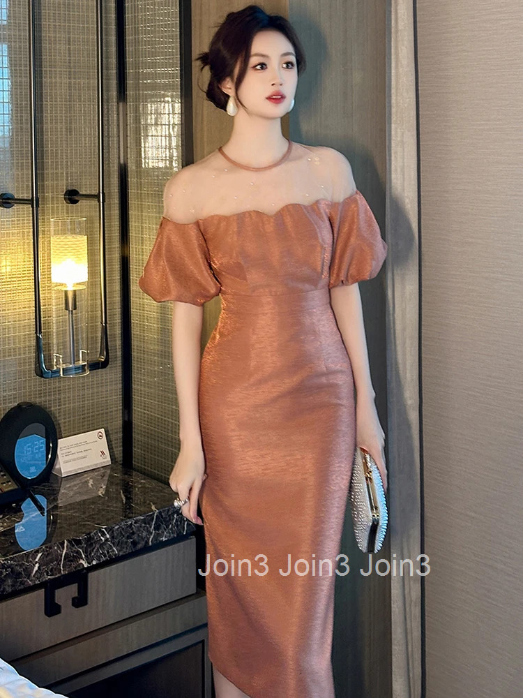 Summer Mesh Splice Bubble Sleeve Evening Dress Women Clothes Elegant Retro Sheer Sexy O-Neck Slim Midi Pencil Party Prom Vestido