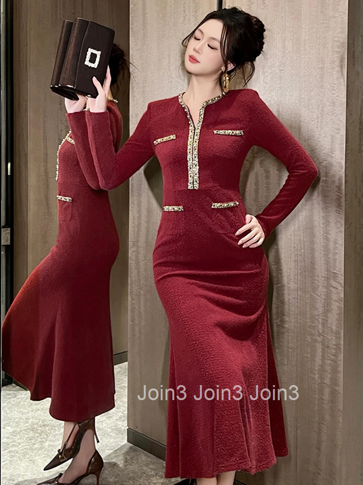 Women Clothes Retro Diamonds V-Neck Slim Midi Fishtail Dress Elegant Luxury Fashion Evening Party Prom Vestidos Robe Casual New