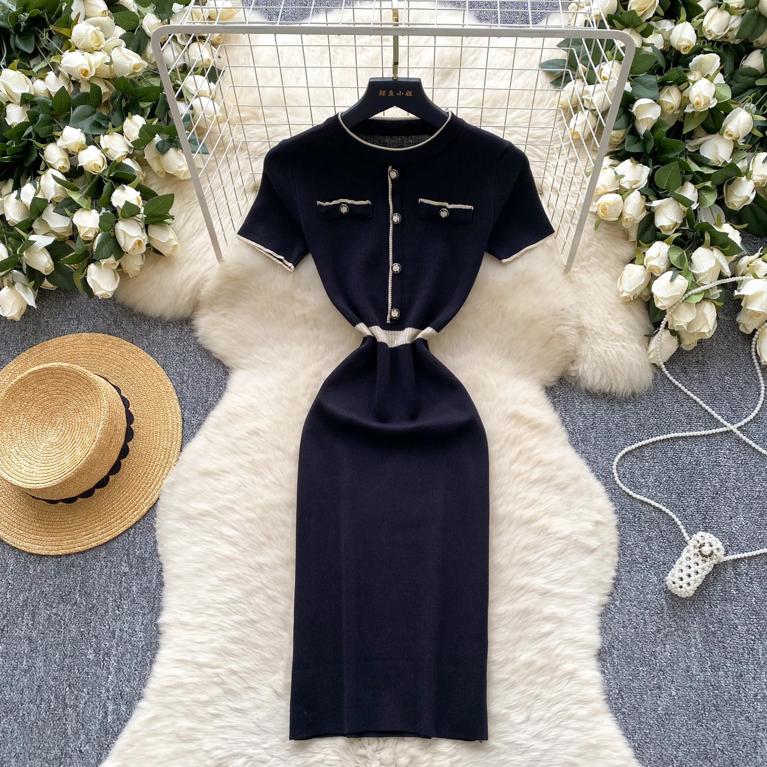 Spring Summer Sexy Short Sleeve Knitted Dress Sheath High Waist Bodycon Skirt Color Block n Korean Mini Dresses 250616