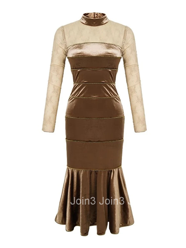 Vintage Gold Velvet Evening Long Dresses Elegant Pretty Womens Clothes Mujer Ladies Sheer Skinny Dress Vestidos Party Prom Robe