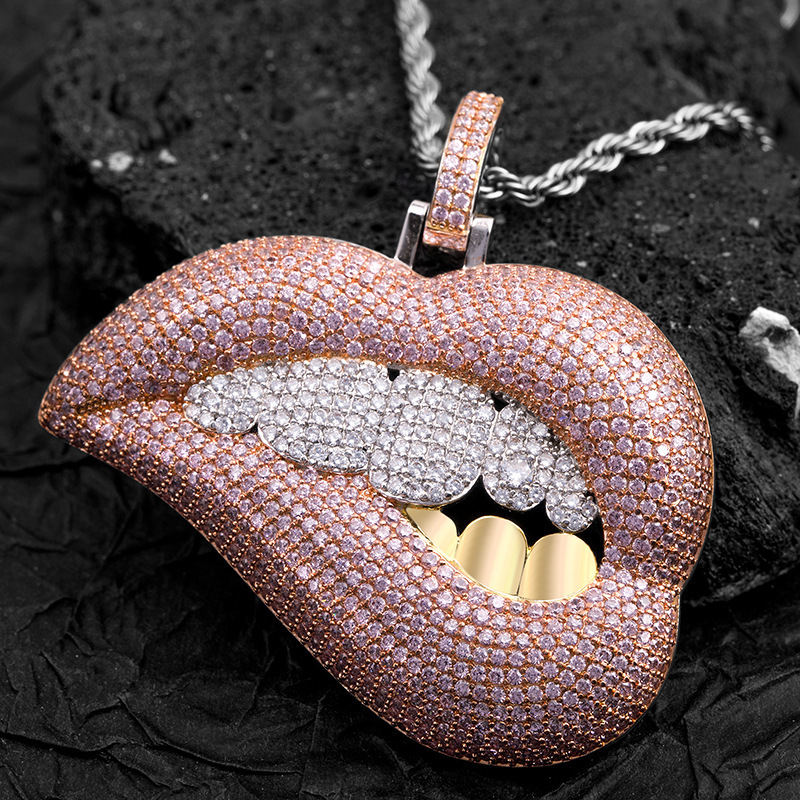 Moissanite Jewelry Sexy Biting Lip Pendant Micro Paved Pink Diamond Hip Hop Unique Bling Bling Trendy Necklace