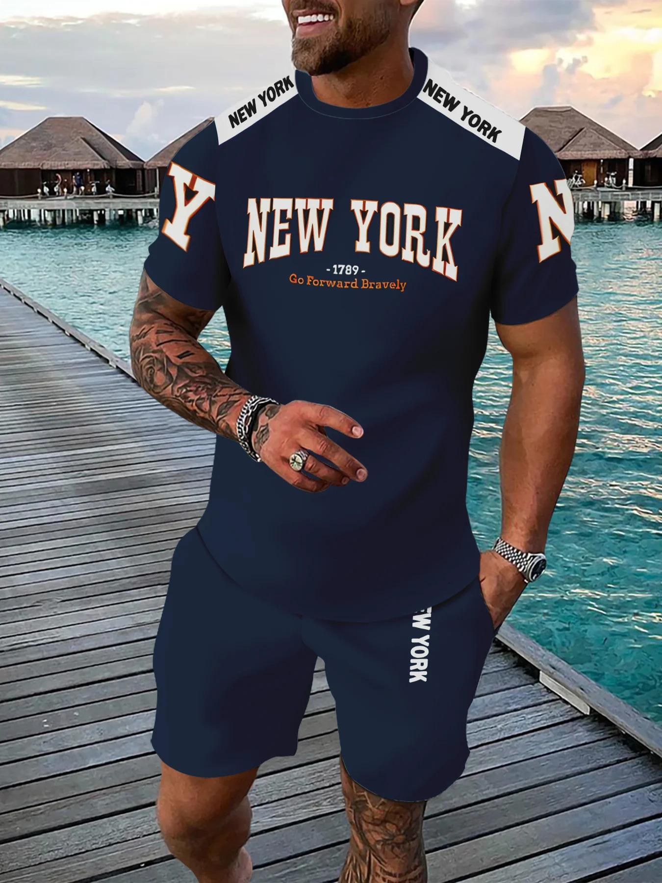 Summer casual sportswear set with letter prints The breathable outdoor mens Tshirt and shorts It is a summer 3D p 250614