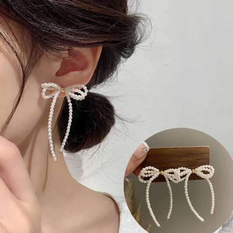 Light Luxury Bowknot Imitation Pearl Earrings Long Tassel Bow Drop Dangle Earrings Women Fashion Elegant Wedding Jewelry GiftsXJ250623