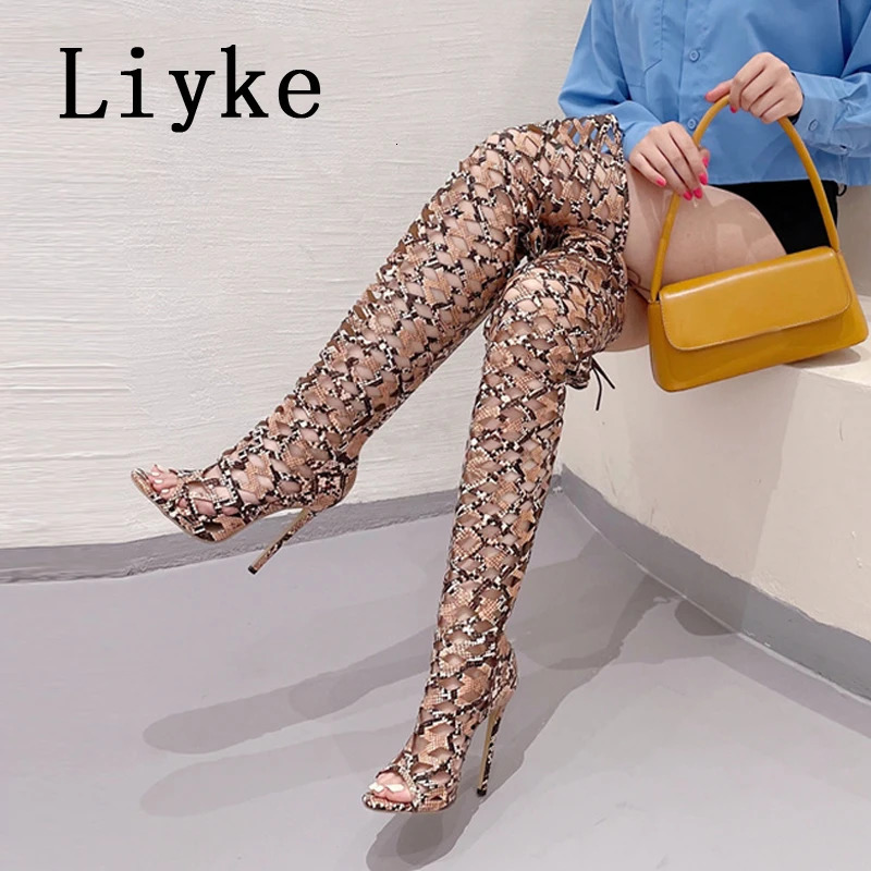 Liyke Sexy Snakes Print Leather Women Hollow Out Thigh High Over The Knee Boots Sandals Fashion Open Toe Zip Lace-Up Heels Shoes 250617