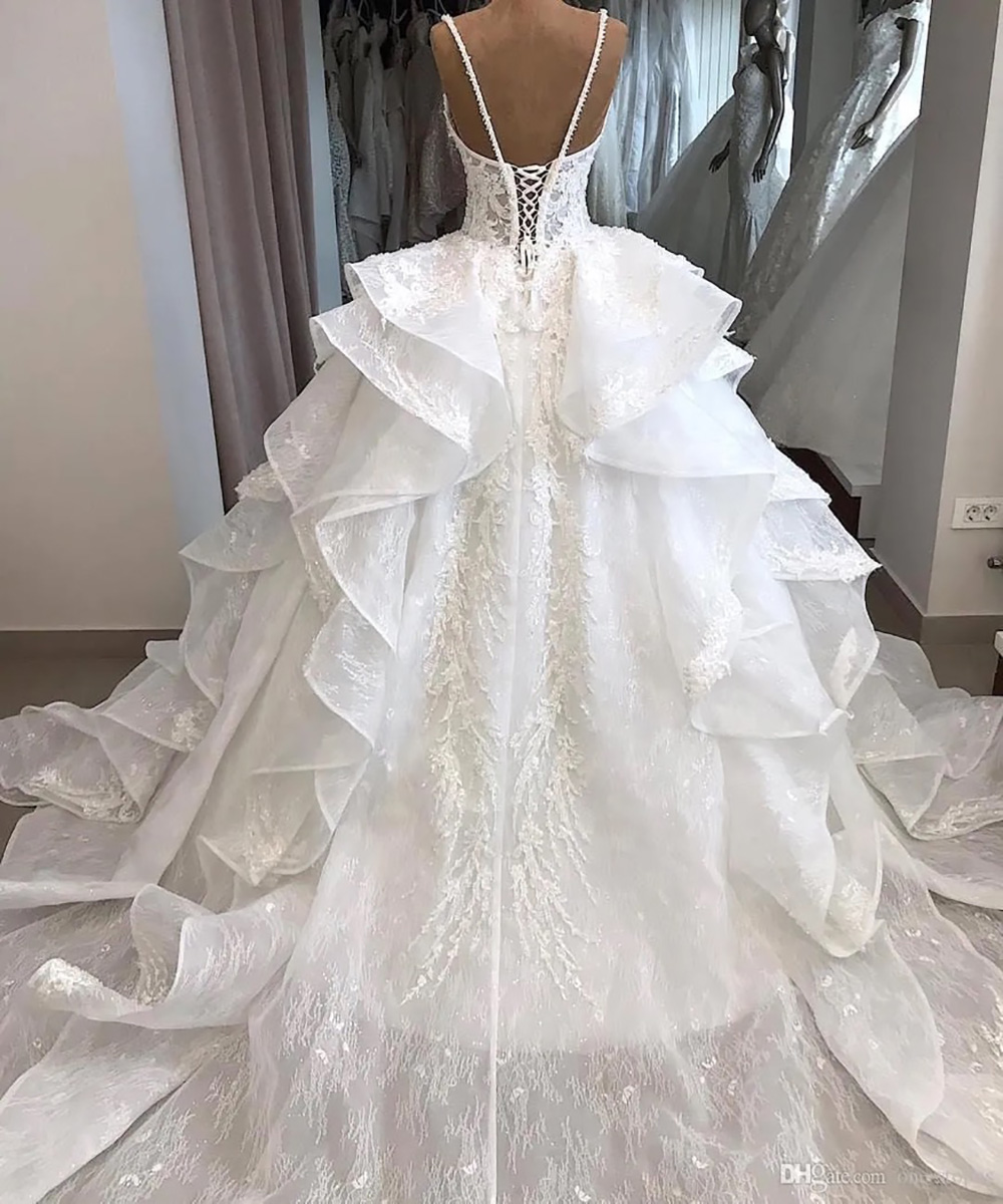 White Wedding Dresses Ivory Bridal Gowns New A Line Spaghetti Sleeveless Tulle Lace Applique Sequins Lace Beaded Custom Zipper Lace Up Plus Size Ruffl