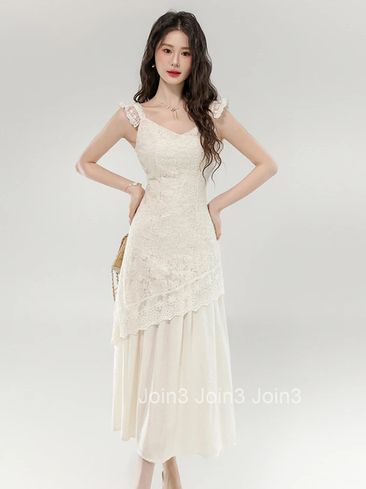 Women Clothes Sweet Lace Floral Sexy Sling V-Neck Slim Midi A-Line Dress Elegant Fashion Party Prom Vestidos Robe Casual Summer