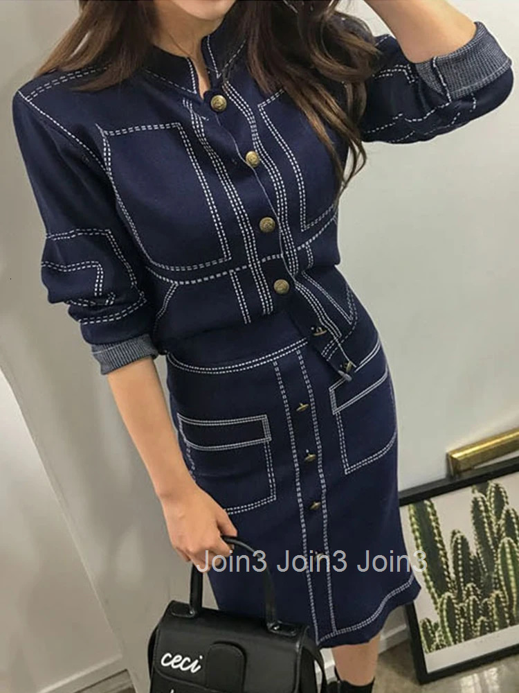 New Korean 2 Pieces Outfits Elegant Women Temperament Formal Casual Single Breasted Coat Tops Sweater High Waist Midi Skirt Sets