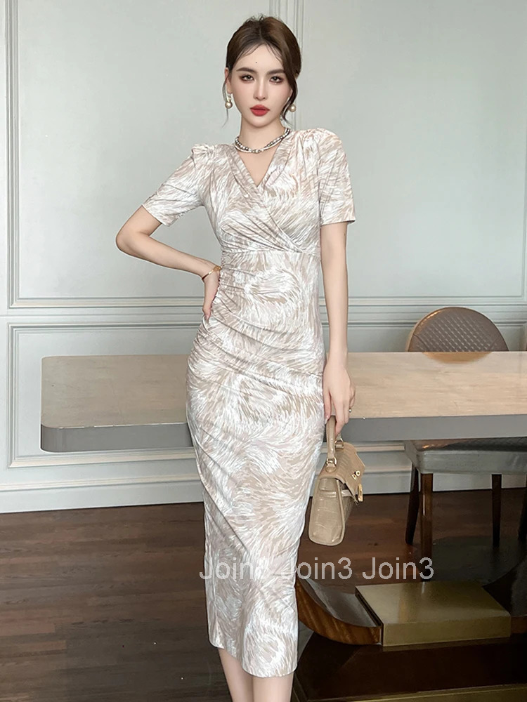 New Summer Work Style Stretchy Print V-Neck Slim Midi Dress Women Elegant Casual Short Sleeve Skinny Robe Vestido Street Clothes