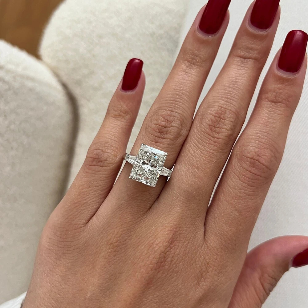 1/2/3/4 Radiant Cut Full Engagement Ring with Tapered Baguette Shape Diamond S925 Silver Wedding Rings for Women 250617