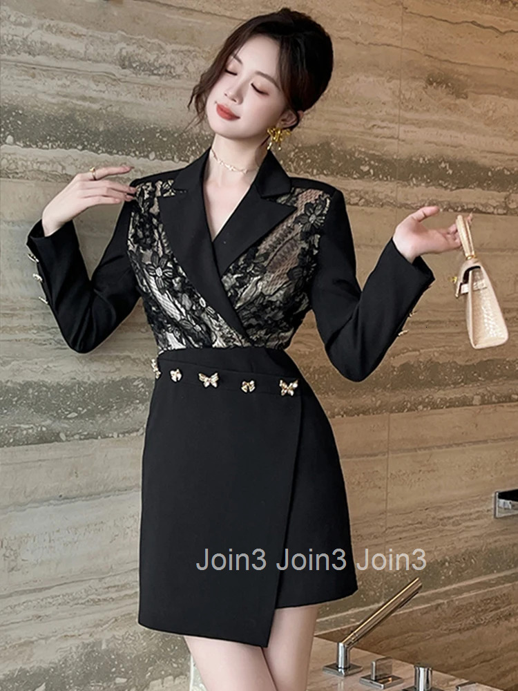New Autumn Black Formal Occasion Asymmetrical Short Dress Women Clothes Commute Elegant Lace Patchwork Long Sleeve Slim Vestidos