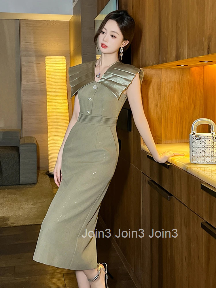 Summer Retro Business Elegant Office Formal Occasion Dress Women Clothes Commute Sweet Sleeveless Slim Midi Pencil Robe Vestidos