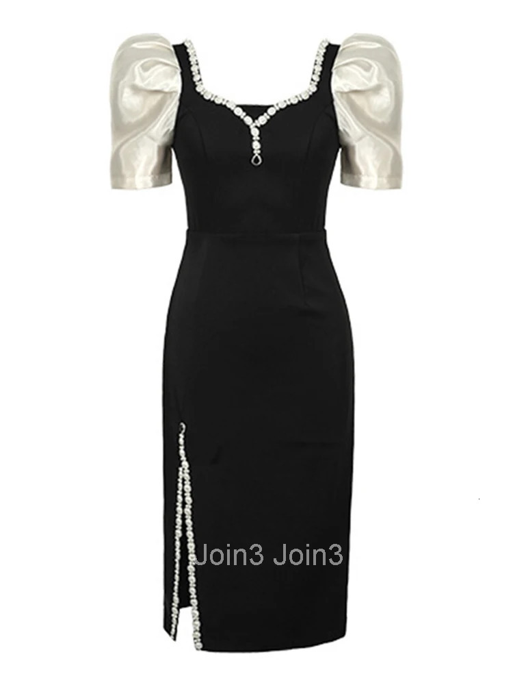 New Fashion Summer Evening Dress Satin Women Elegant Luxury Chic Black Puff Sleeve Slim Slit Midi Party Club Prom Mujer Vestidos